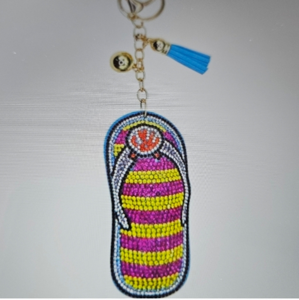 Crystal Beaded Flip-Flop Bag Charm Keychain in Pink, Yellow, Blue NEW